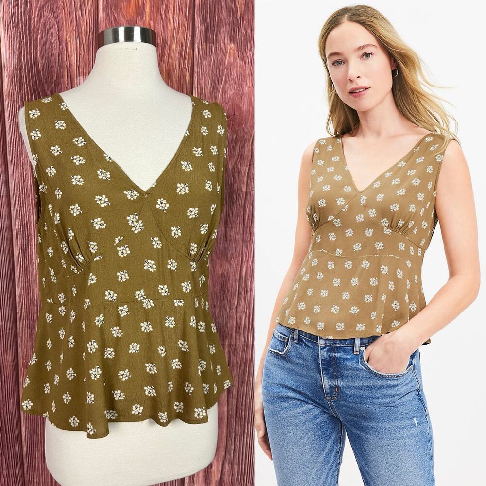 LOFT Daisy‎ Double V Peplum Tank Top Dark Mustard Olive Size 2
